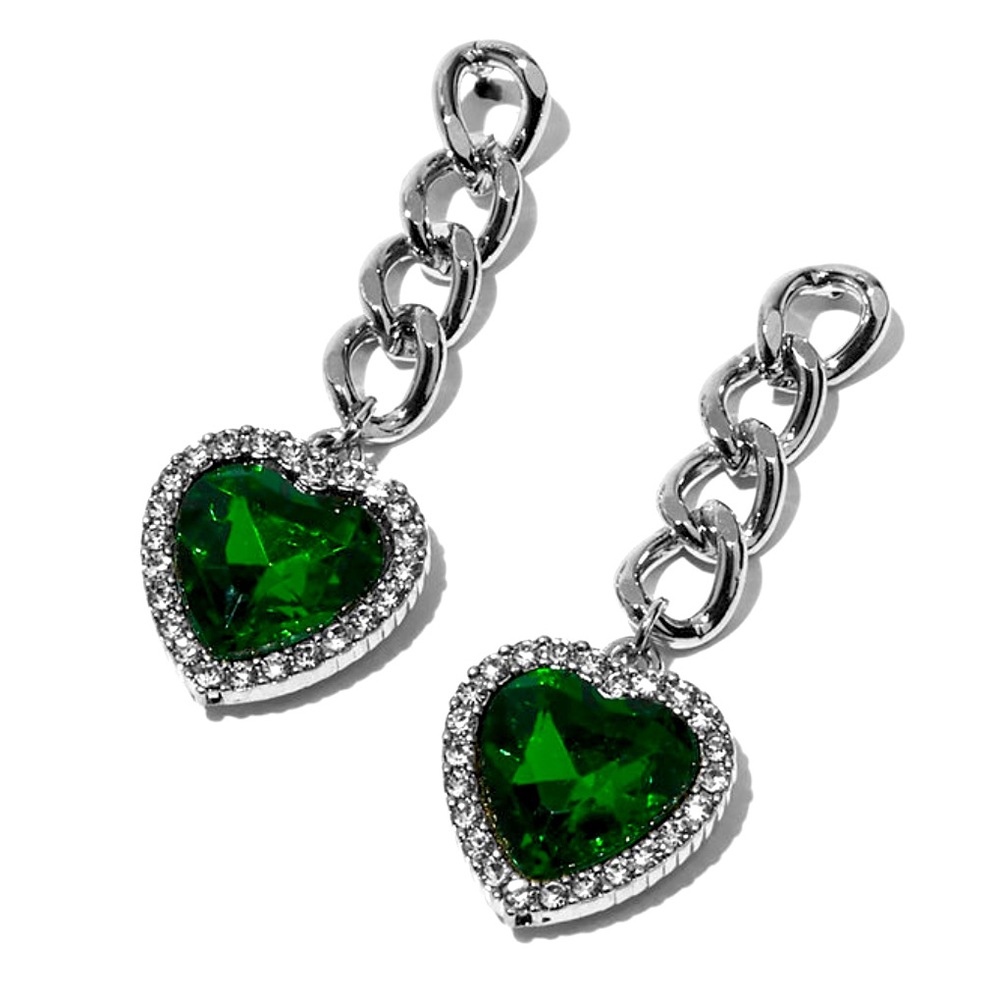Silver-Toned Green Crystal Heart 2" Drop Earrings - NWT